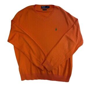 Polo Ralph Lauren Sweater Mens XL V Neck Pullover Orange Pima Cotton Preppy